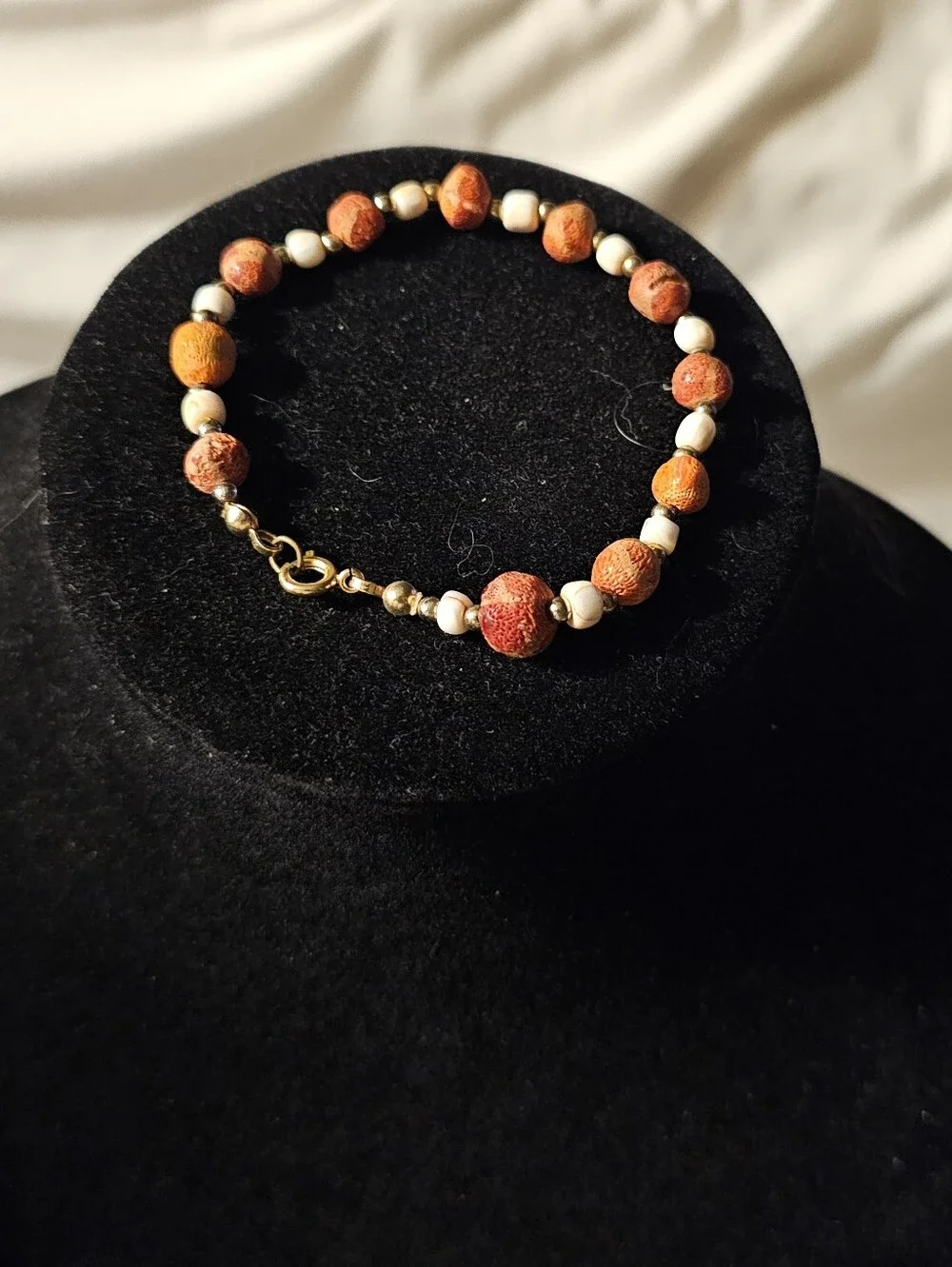 Vintage Handcrafted Vibrant Orange and Cream Beaded Bracelet